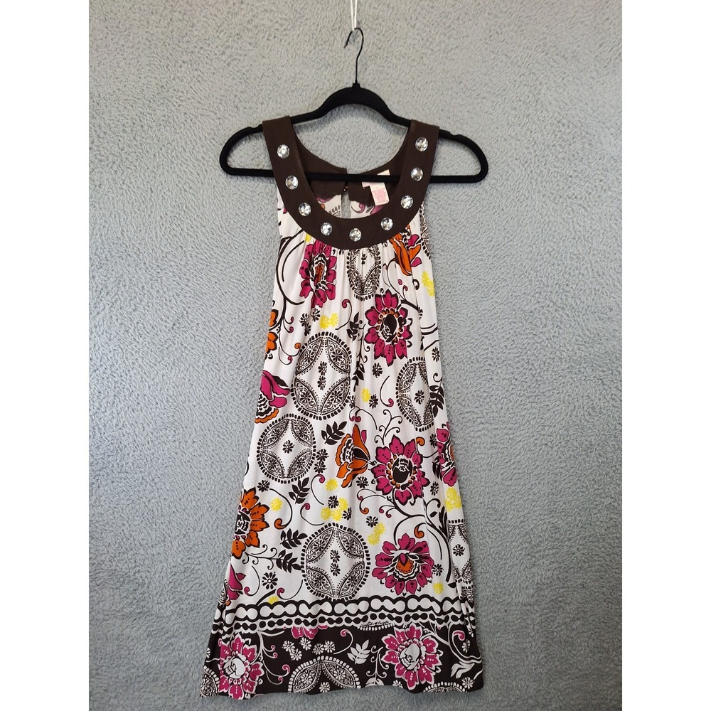 Candie's Summer Dress Women Large Multi Floral Rhinestones Sleeveless Round Neck